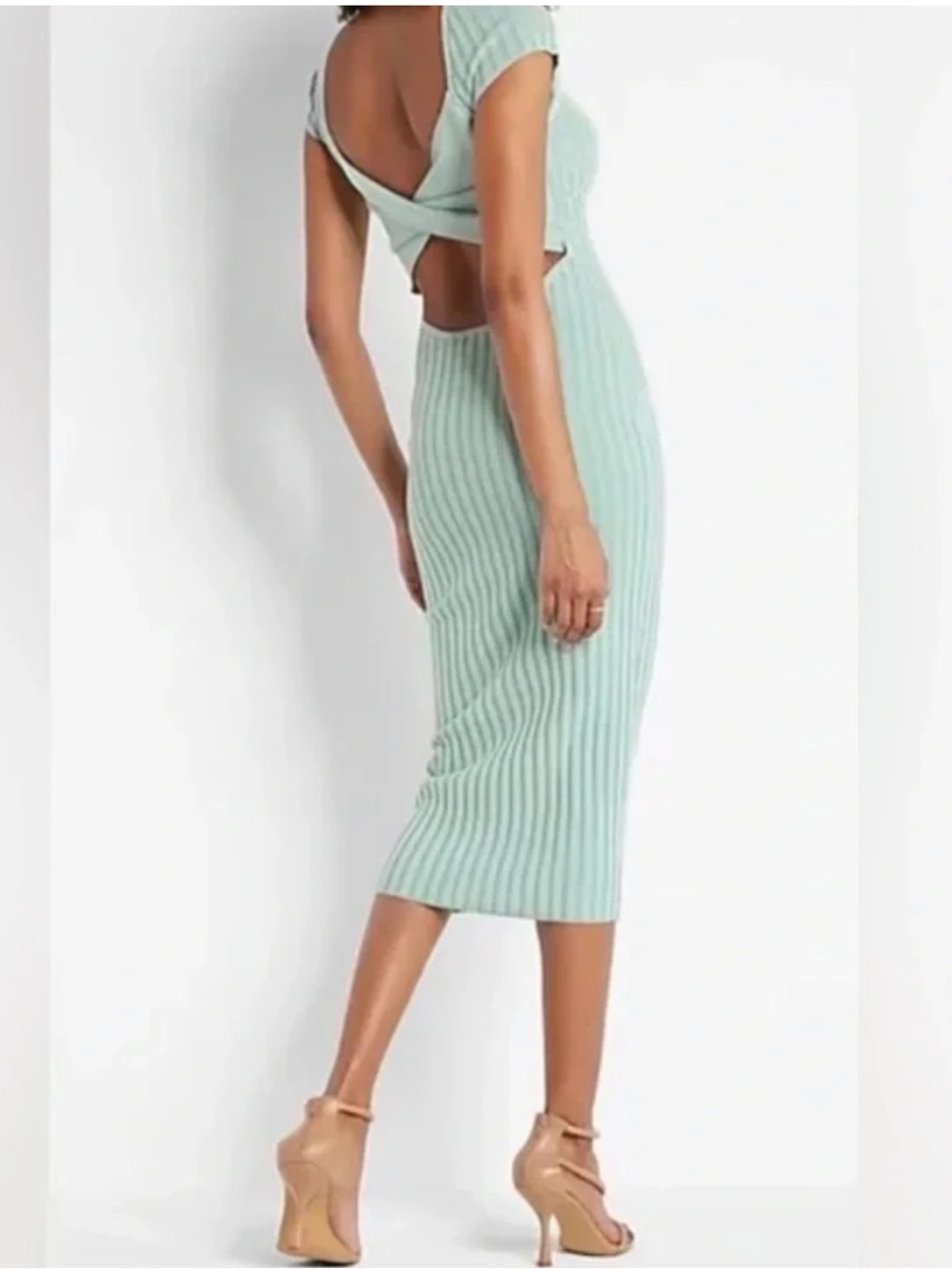Express Mint Green Ribbed Bodycon Twist-Back Midi Dress